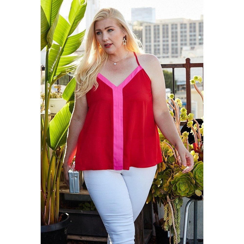 Plus Size Sleeveless V Neck Back Button Color Block Cami Top - Picture 3 of 9